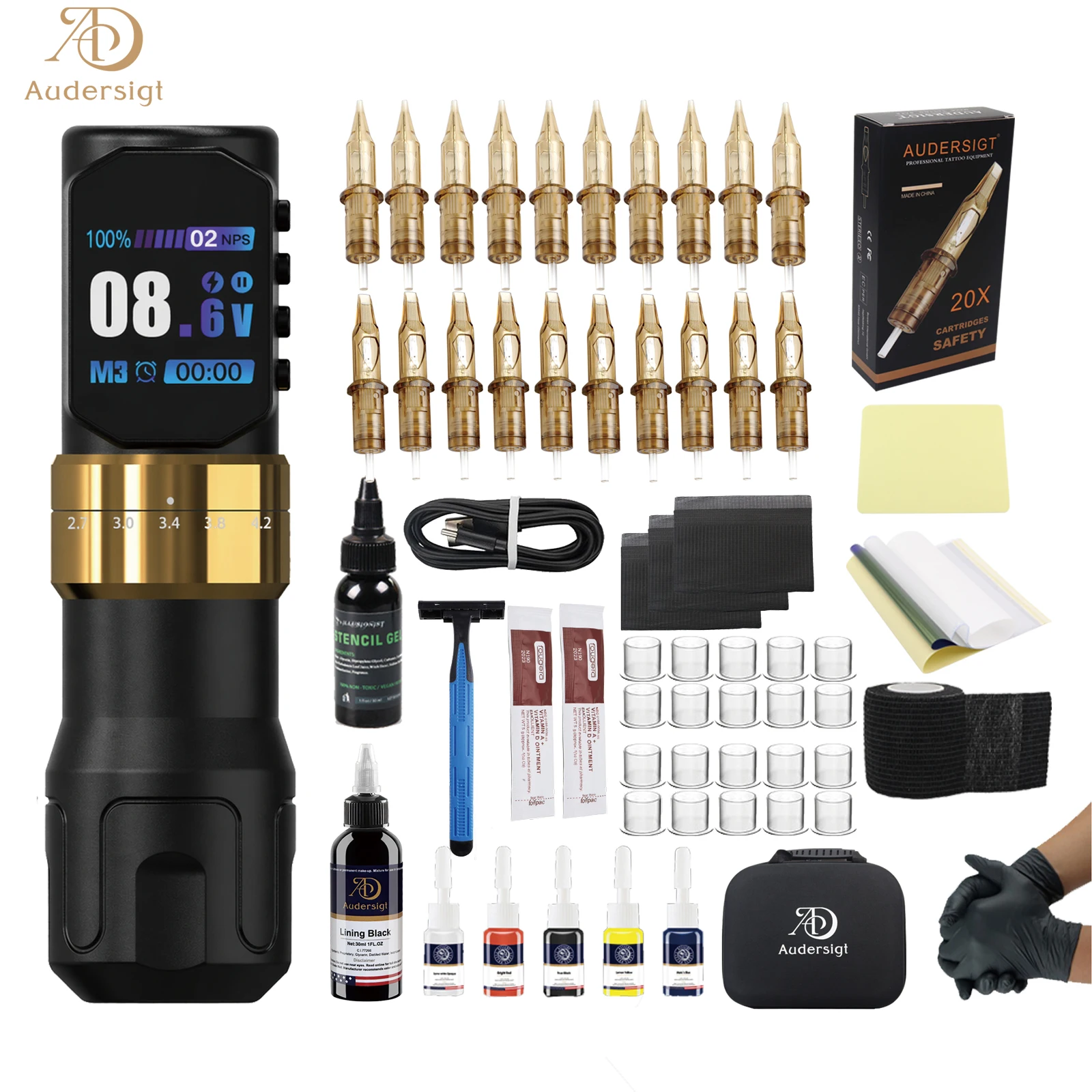 Audersigt Wireless Tattoo Machine Rotary Pen Kit Adjustable Stroke Screen Display Rechargeable Battery Tattoo Set
