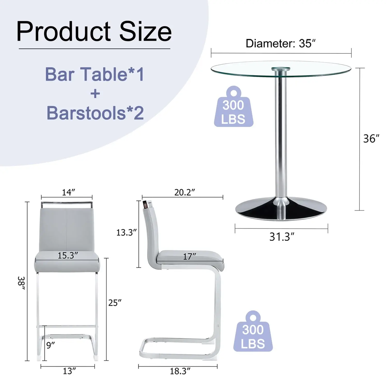 Glass Bar Table & Stools Set 2 Light Grey Seats Chrome Base Compact Pub Dining Apartment Kitchen 35