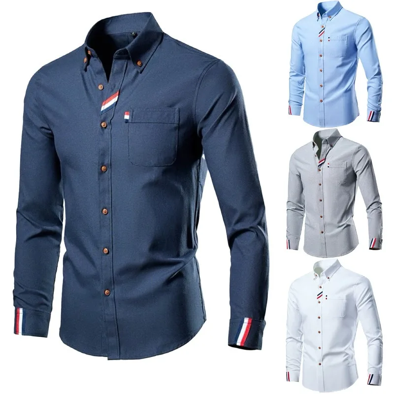 

Slim Fit Man's White Shirts Casual Color Blocking Long Sleeve Street Style Tops with Real Breast Pocket Youth Men Stylish Shirts