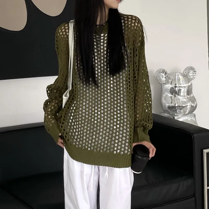 Long Sleeve Hollow Out Loose Sunscreen Shirts Women O Neck Knitted Covers Up Spring Dustcoat Thin Casual Autumn Solid Long Tops