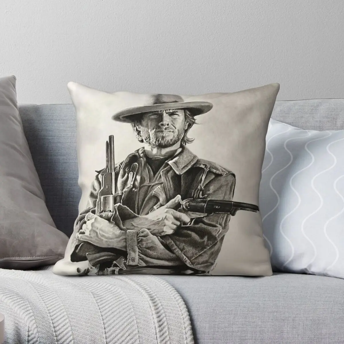 Clint Eastwood Sketch Cowboy Square Pillowcase Polyester Linen Velvet Printed Zip Throw Pillow Case Car Cushion Cover 18