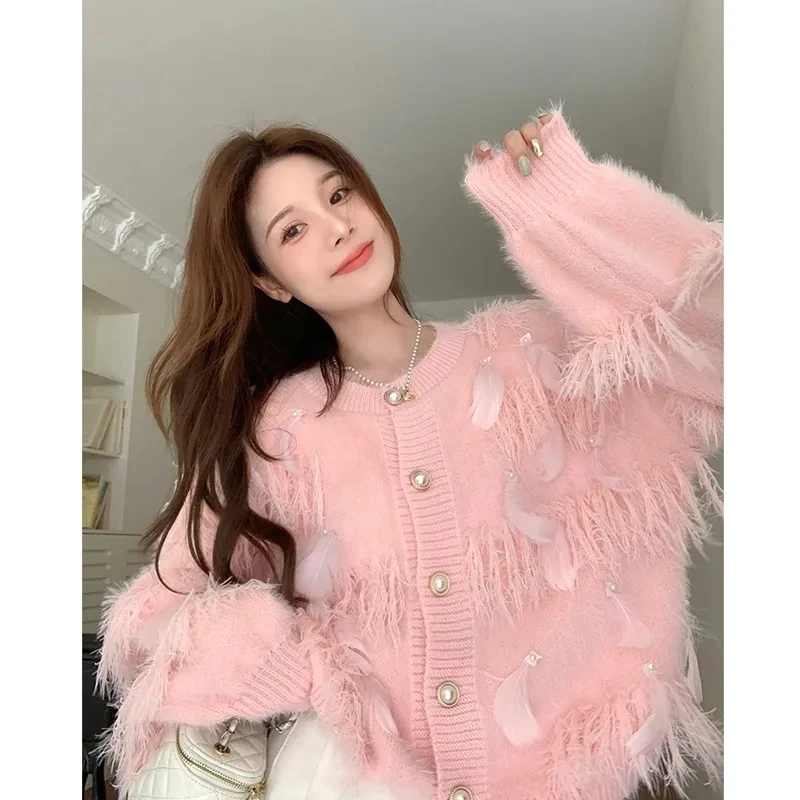 

Korea Autumn Feather Fringed Knitted Cardigan Sweater Sweet Pink Single-breasted Sweater Coat Pearl Button White Outcoat 2023