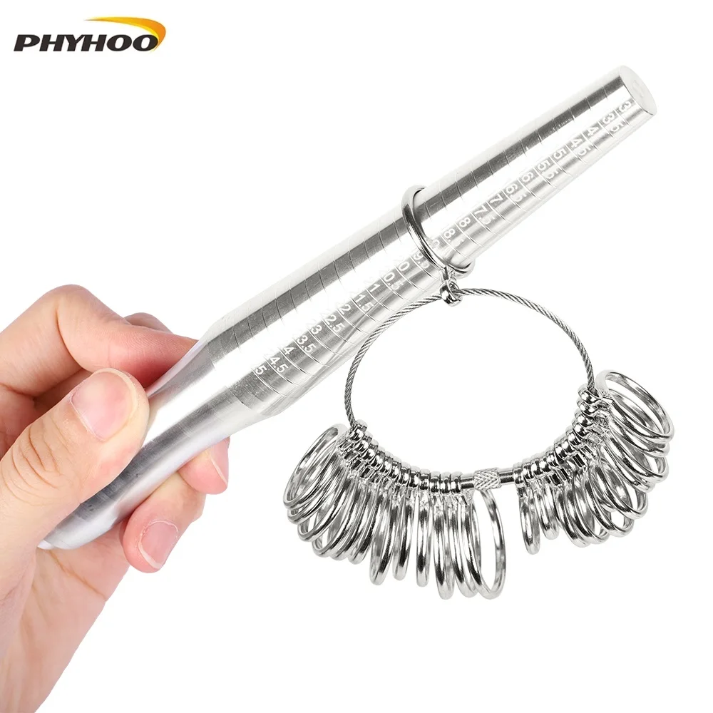 PHYHOO Russian Metal Ring Sizer Set Measuring Ring with Rings Mandrel Sizer Finger Sizing Measuring Stick Ring Jewelry Tools Set