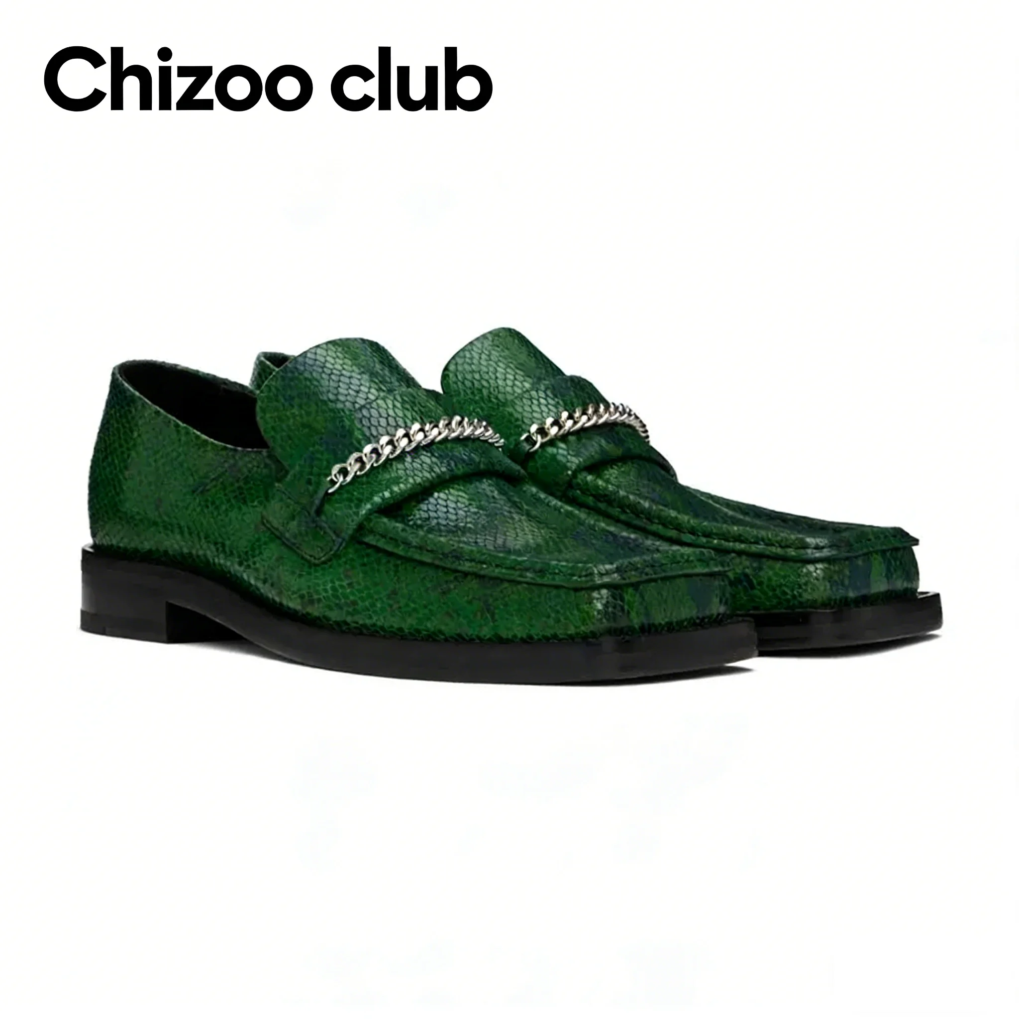 

Men's Green Snake Print Loafers with Chain, Glossy Leather Slip-On Dress Shoes for Men