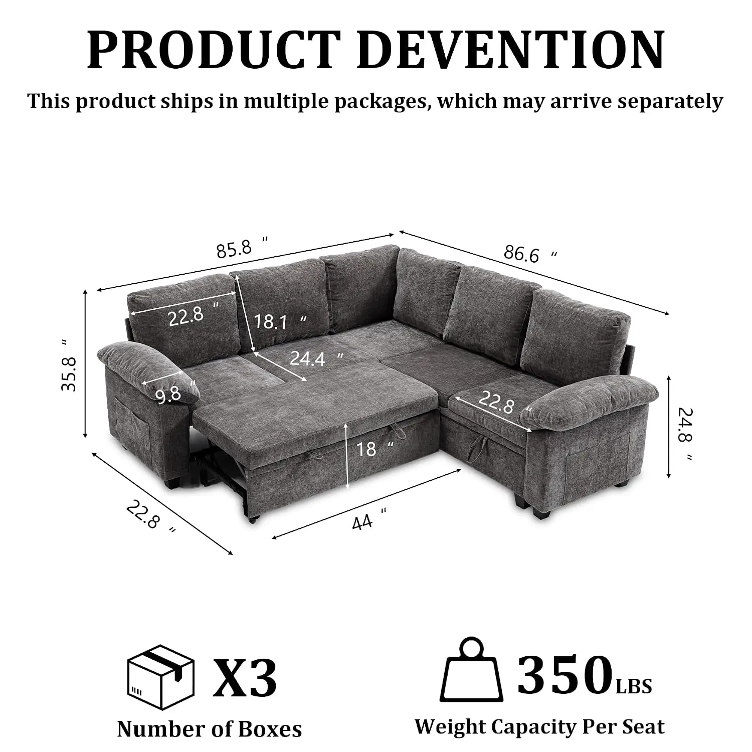 L Shaped Sleeper Sofa with Pull Out Bed, 5 Seat Modular Chenille Couch with Storage, Convertible Sofa for Living Room & Apartmen