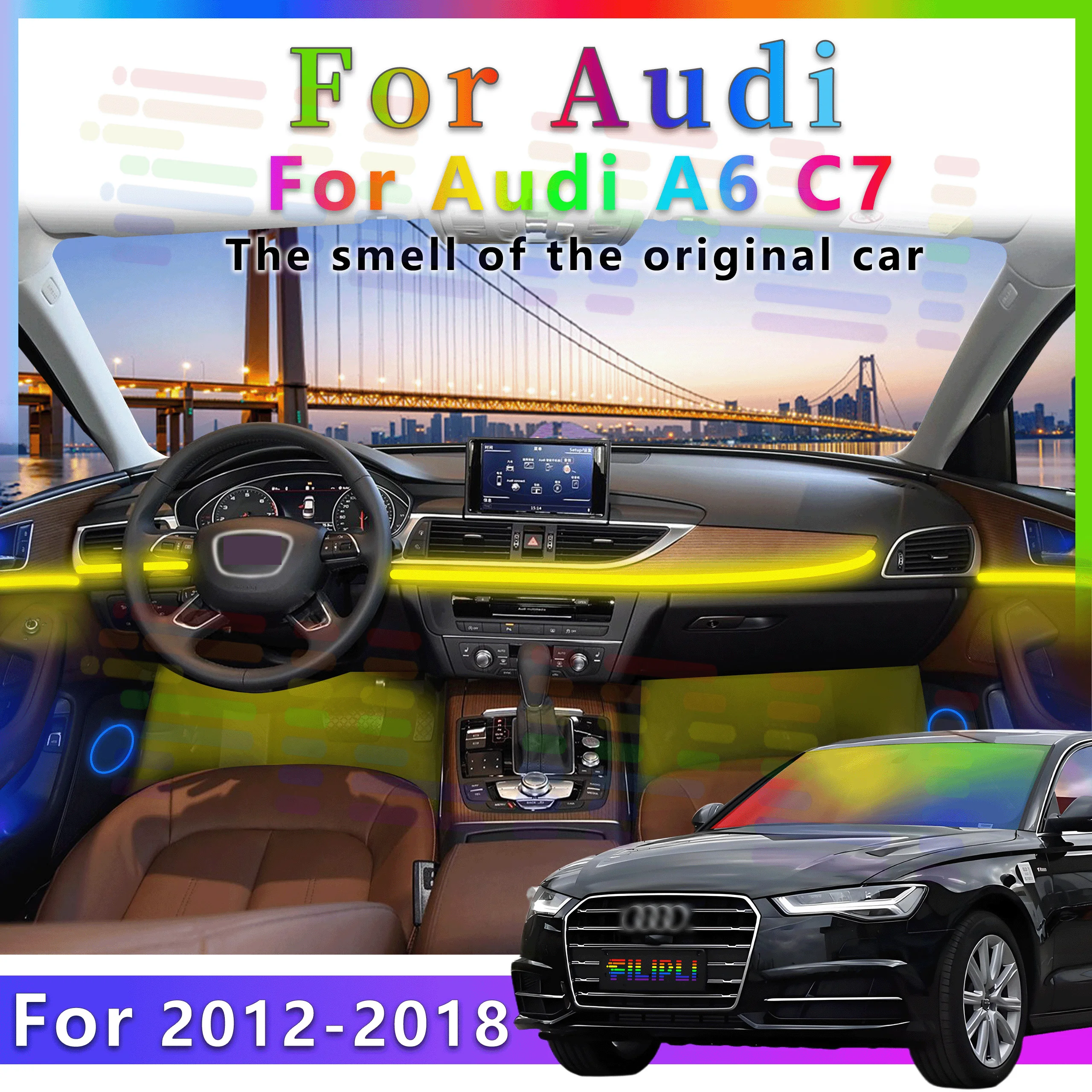 

Для Audi A6 C7 2012-2018: Светодиодная RGB-подсветка салона, оптоволоконная неоновая невидимая атмосферная лента, декоративная подсветка с управлением через приложение