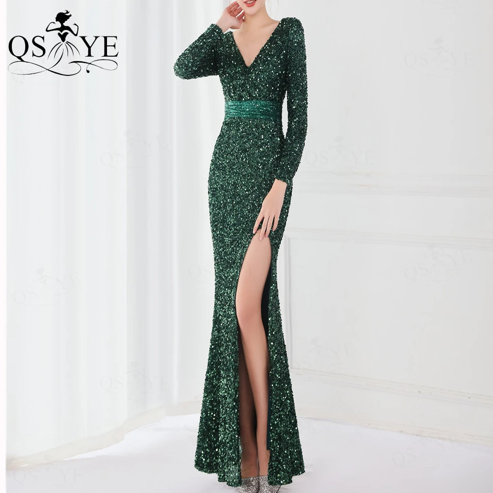 

Glitter Sequin Green Evening Dresses Long Sleeves Mermaid Prom Gown V neck Party Dress Elegant Ruched Waist Emerald Formal Gown