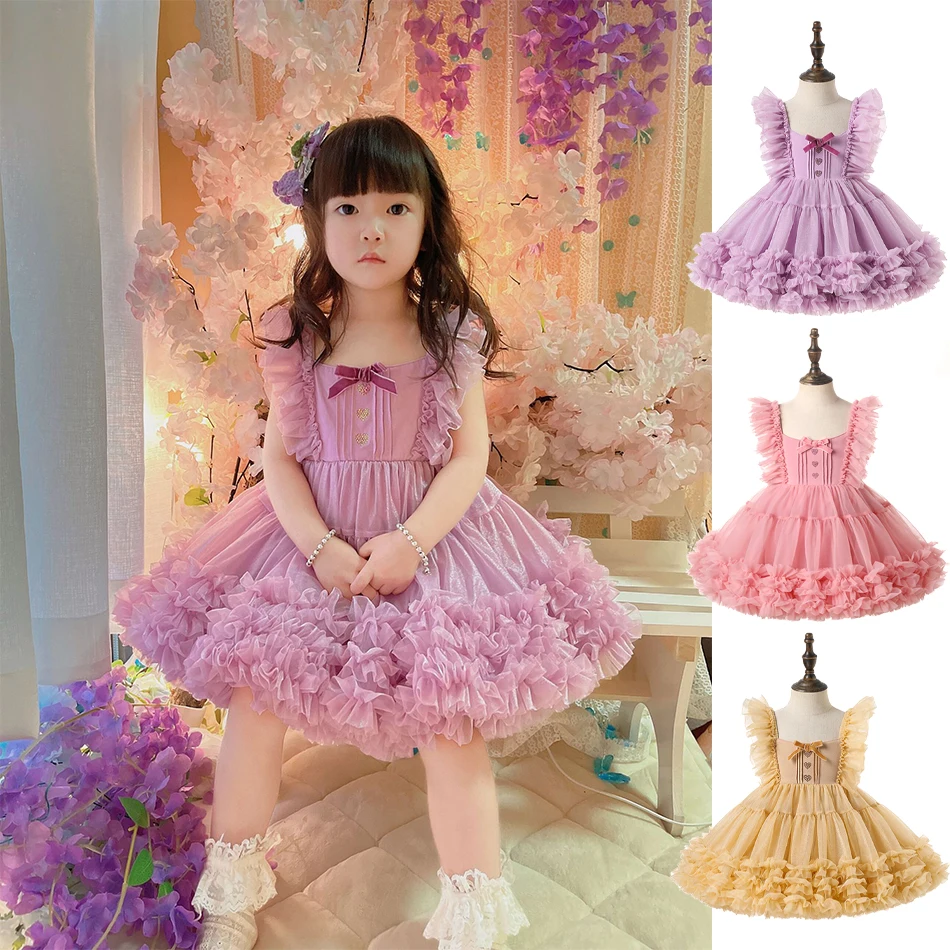 Spanish New Baby Lolita Princess Ball Gown Sleeveless Mesh Design Children Birthday Baptism Party Eid Tutu Dress For Girls