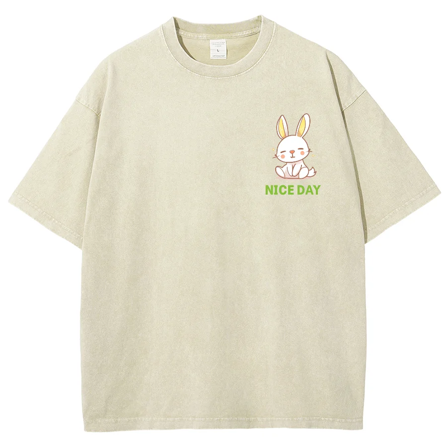 Cute Cartoon Bunny Printed T-Shirt Simple And Cute Washed Denim Round Neck Pullover Shoulder Down New Trendy Short Sleeves