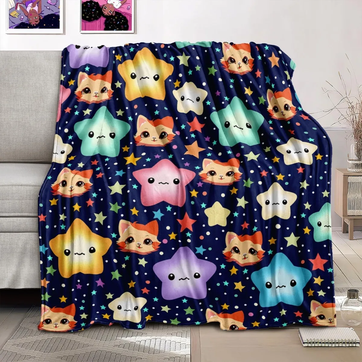 Star Blanket for Kids Girls Boys  Star and Cat Print for Bed Soft Blanket for Adults Warm for Couch, Blue