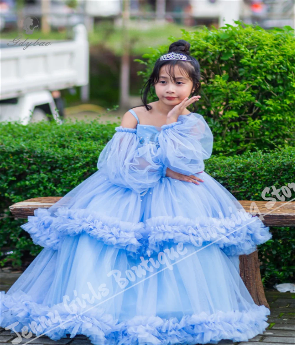 Light Blue Flower Girl Dress With Thin Straps Fluffy Layered Design Princess Style For Birthday Bridesmaid Evening Occasions