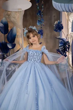 결혼식을위한 푸른 꽃의 소녀 드레스 스팽글 바닥 길이 공주 첫 성찬식 어린이 생일 파티 가운 파티 드레스