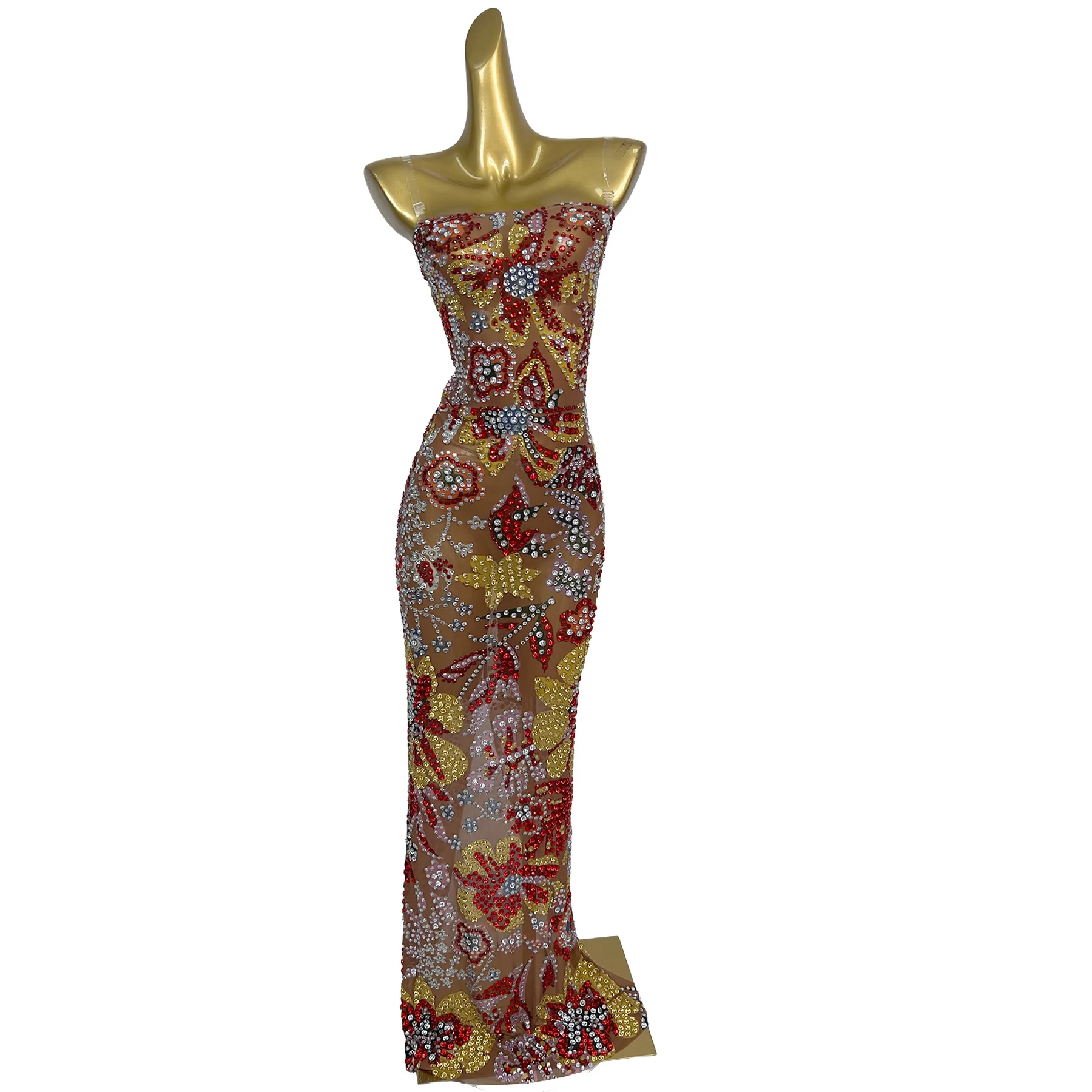 Baihuaqifang Luxury Colorful Flower Crystal Embellished Long Gown Strapless Sheer Mesh Formal Party Performance Outfit