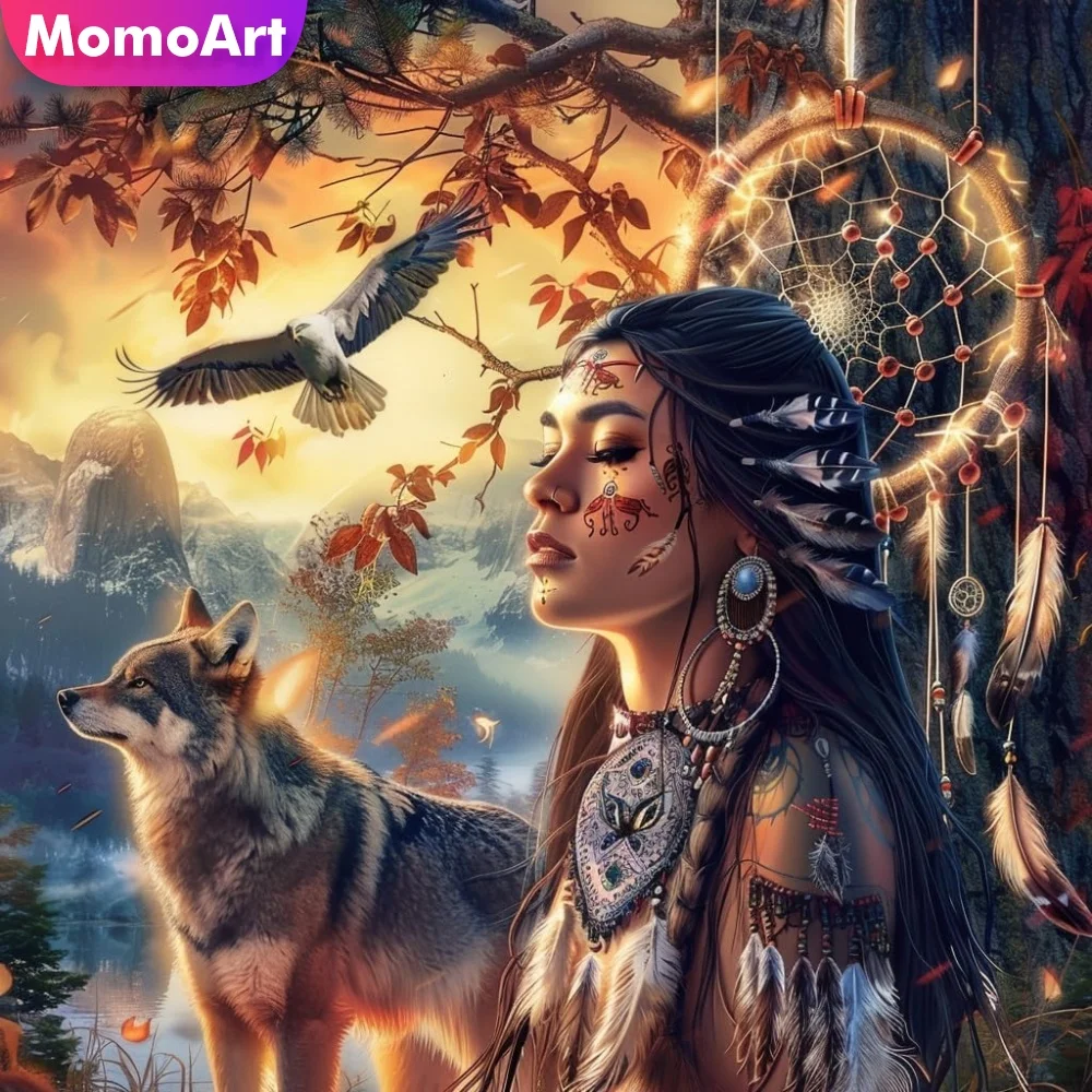 Momoart DIY Diamond Painting Woman Portrait Craft Kit Dreamcatcher Diamond Mosaic Wolf Eagle Suitable for Beginners Handicraft