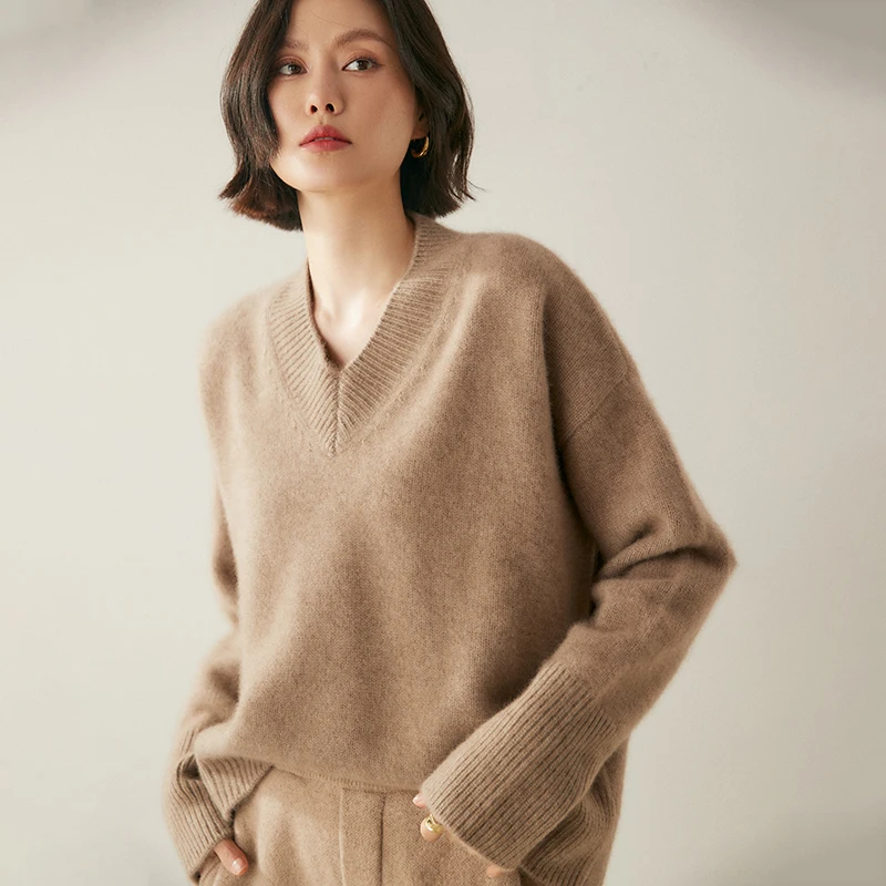 2024 Autumn Winter Women\'s 100% Cashmere Sweater V-Neck Thicken Warm Pullover Female Loose Large Size Knitted Jumper Ladies Tops