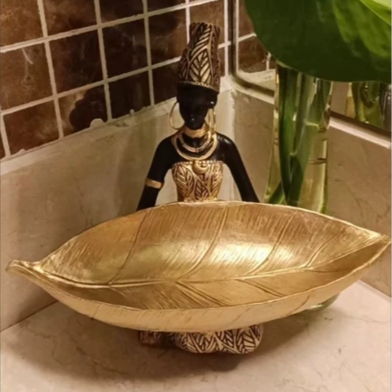 Resin Ornament African Woman Statue with Storage Tray Desk Organizer Key Holder Sundries Container for Bedroom Shelf Hallway