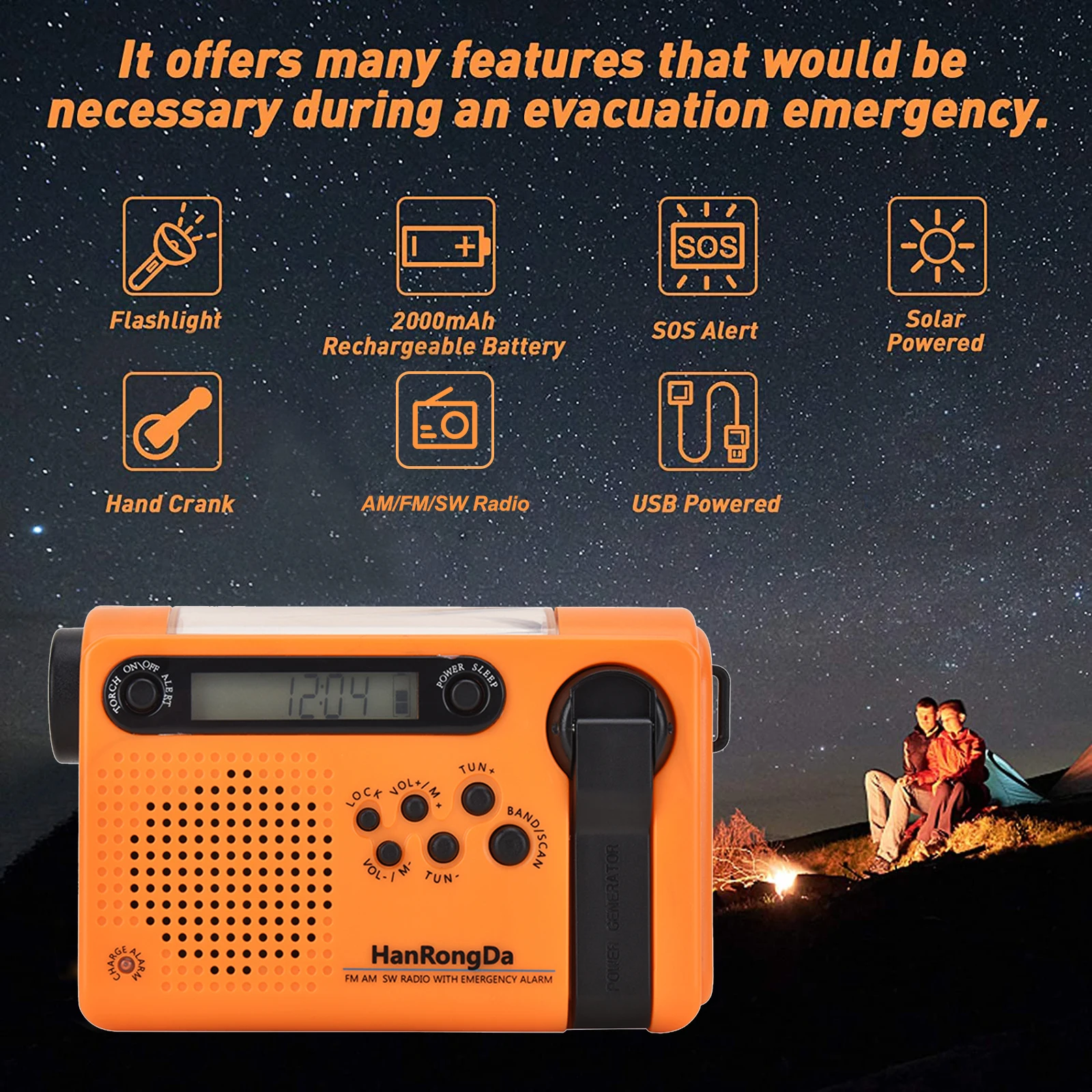 HanRongDa Outdoor Emergency Radio Portable AM FM SW Radio Solar Powered Hand Crank with LED Flashlight 2000mAh Battery SOS Alarm