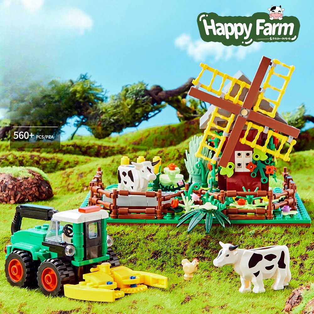 

MOC ферма пастбы ветряная мельница с коровой строительные блоки набор фермерский трактор автомобиль животные игрушки для детей подарки на день рождения и Рождество