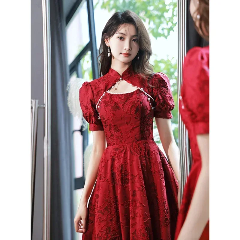 Improved Chinese Style Dresses Women Toast Bride Banquet Gown Lace Flower Cheongsam Vestidos Sexy Hollow Mandarin Collar Qipao