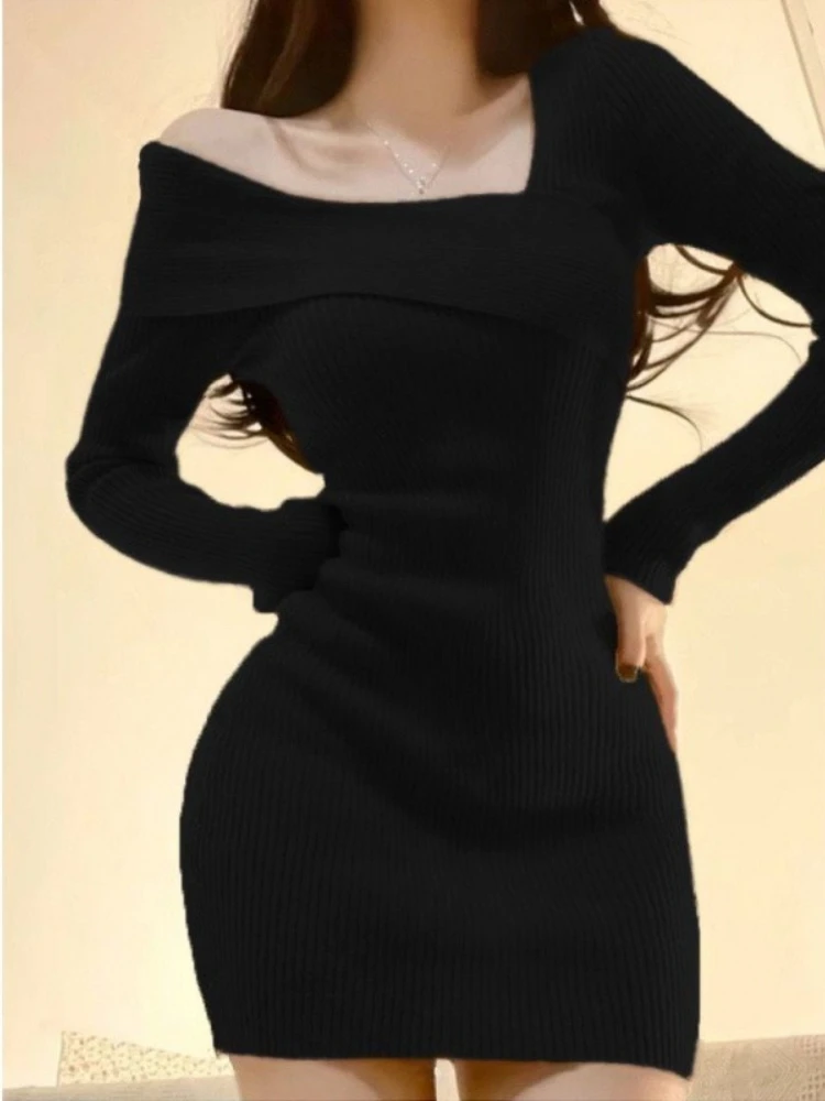 Outono inverno sexy vestido de malha fino ajuste manga longa bodycon camisola vestido com nervuras mini vestido rua chique clube noite moda feminina