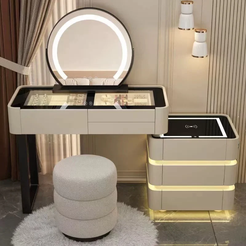Hot Modern Lighted Adjustable Extendable Bedroom Vanity Makeup Dresser with 3 Colors LED Mirror Smart Dressing Table Glass Top