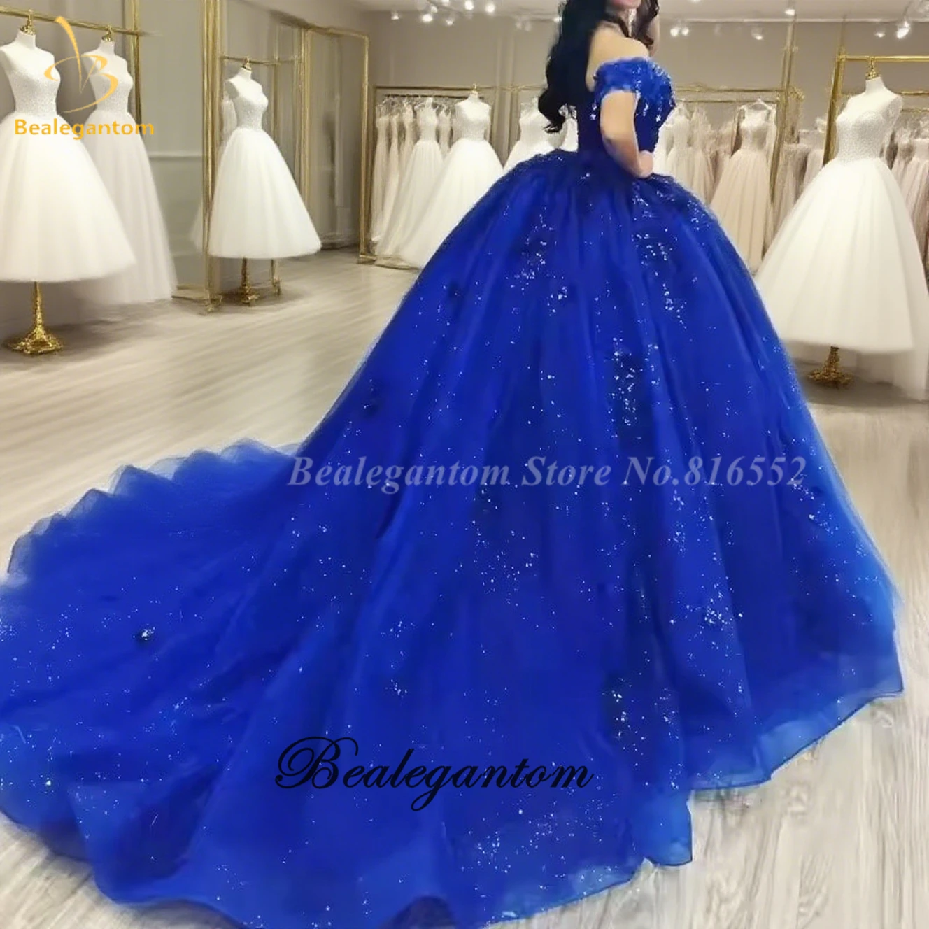 Bealegantom 반짝 이는 로얄 블루 Quinceanera 드레스 오프 숄더 구슬 크리스탈 생일 파티 Sweet 16 Vestidos De 15 Anos BQ1