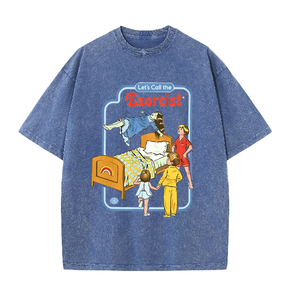 2026 Unisex Lets Call The Exorcist Funny Print Washed Retro T Shirt Cotton Oversized Short Sleeve Summer Casual Streetwear Tops