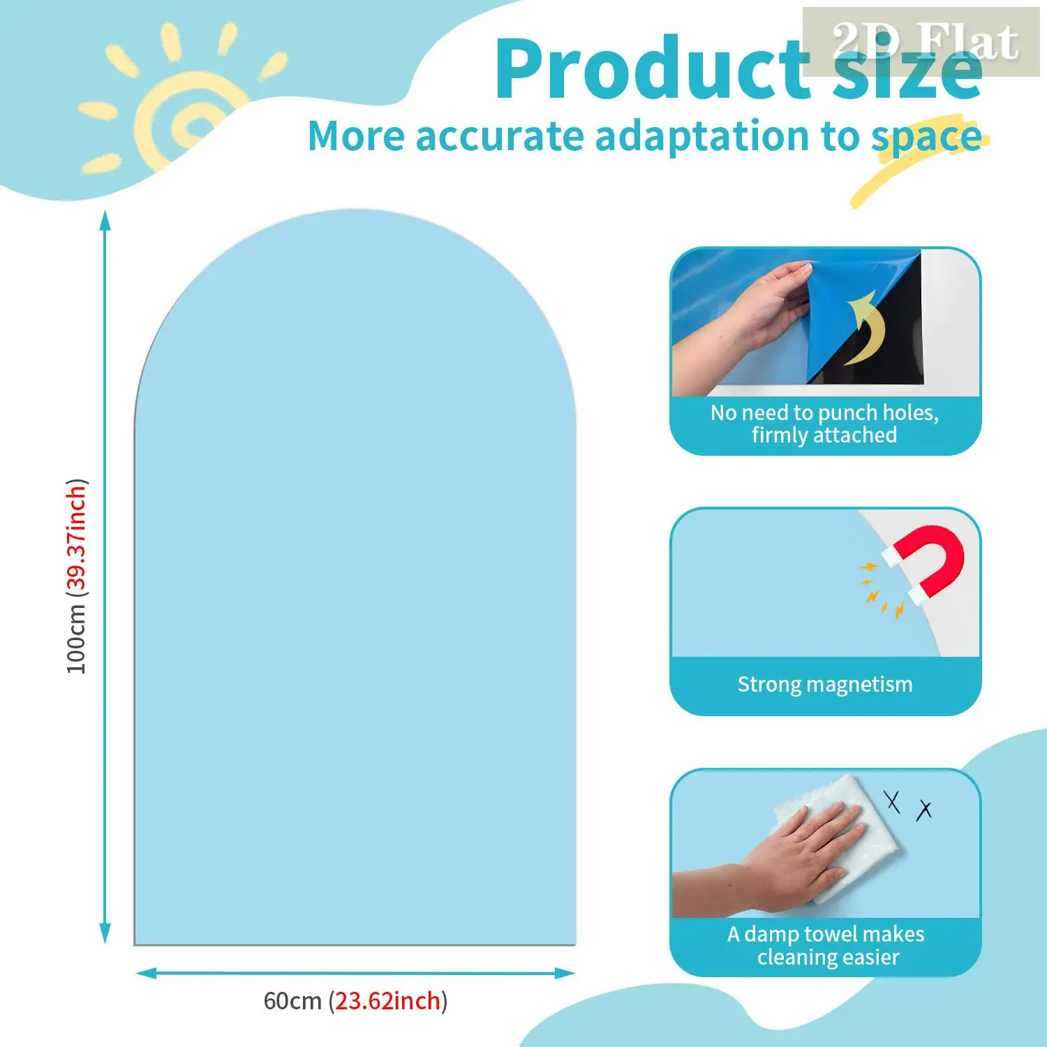 1 pçs luz azul arqueado decorativo quadro branco magnético adesivo de parede, auto-adesivo, fácil de remover, decoração da sala de estar