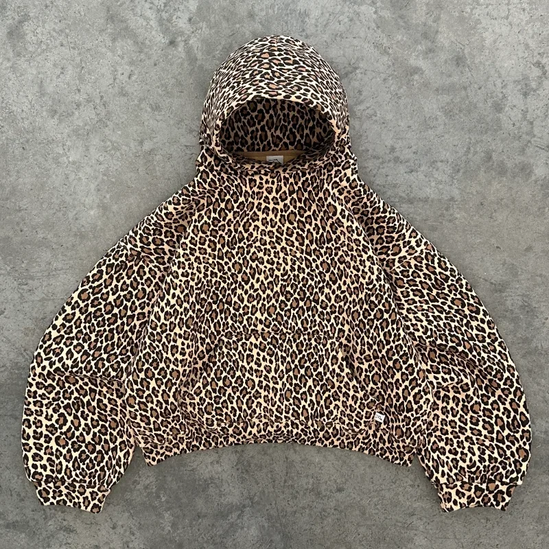 Conjunto de calças extragrandes para homens e mulheres, streetwear retrô Y2K, pulôver Harajuku Boxy na moda, capuz com zíper, padrão leopardo