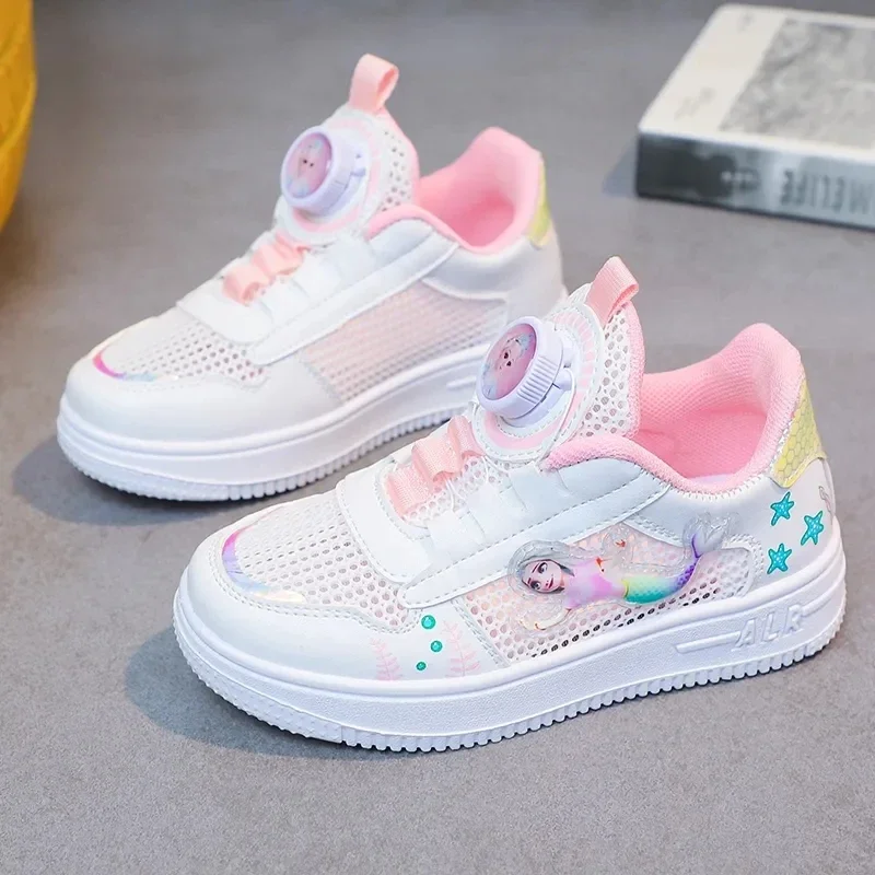 Disney rotating button girls net surface board shoes summer new soft sole piccole scarpe bianche traspiranti comodi sport leggeri