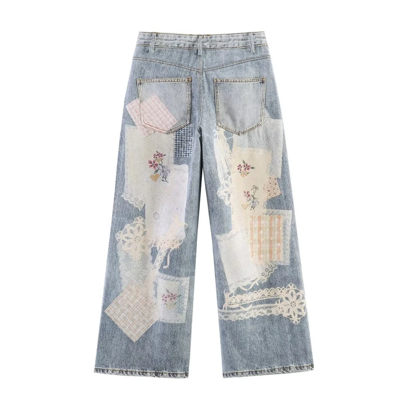 KEYANKETIAN 2026 New style Y2K Grunge Patchwork Denim Pants Floral Print Patches, Lace Trim  Straight Leg Silhouette Jeans