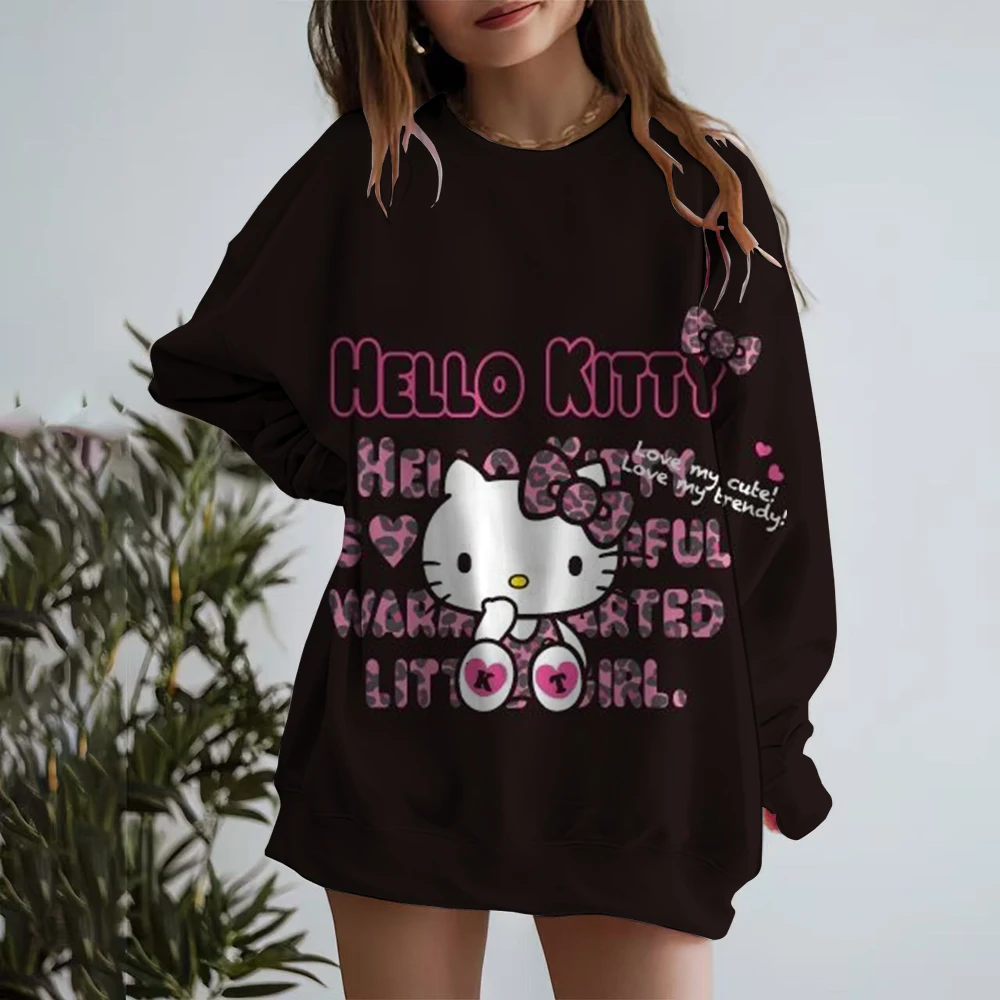 Women's Hello Kitty Coulomi Printed Sweatshirt, High Street Women's Hoodie, Y2K Pattern Clothing, Casual Round Neck Sweater