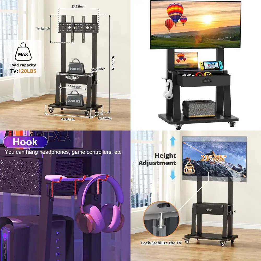 

Мобильная тележка с выдвижным ящиком, для плоского/изогнутого экрана диаметром 23–75 дюймов до 120 фунтов, напольная подставка для телевизоров с регулируемой высотой и 2 ярусами