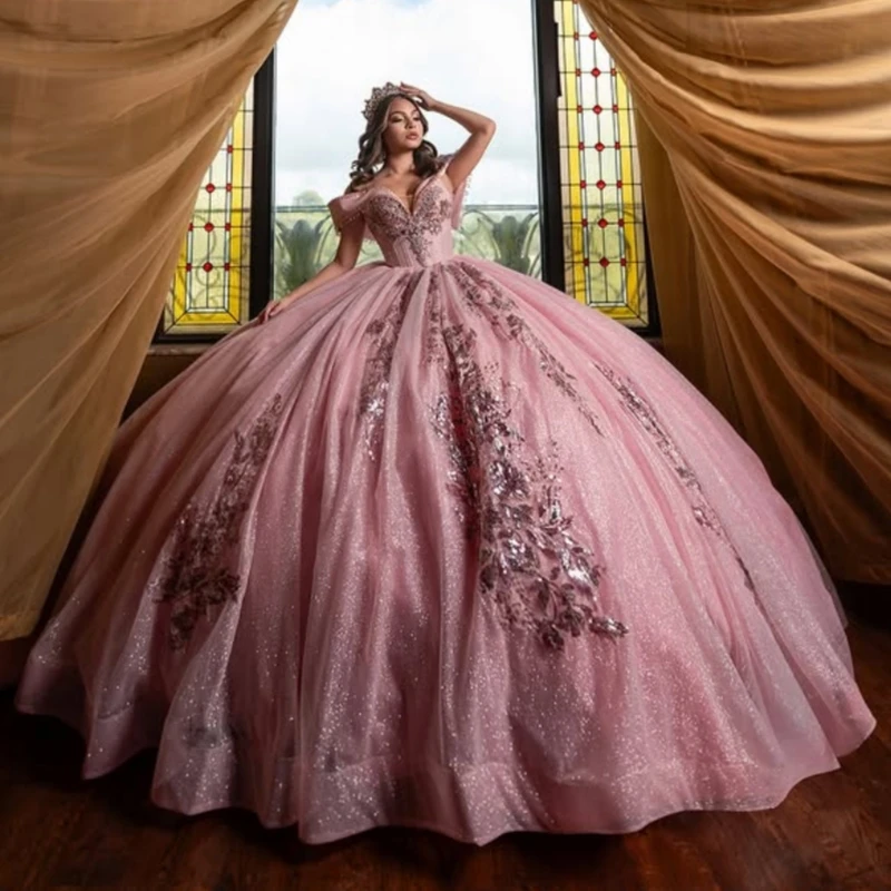 

Pink Shiny Quinceanera Dresses Ball Gown Off The Shoulder Sequin Applique Lace Beading Party Birthday Sweet 16 Dress Vestidos 15