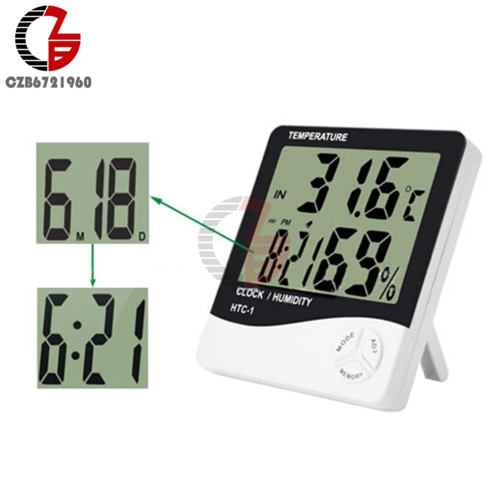 HTC-1 Digital Thermometer Hygrometer Clock Alarm/Alarm Calendar 5 Functions Large Screen Desktop Stand & Wall Mount White