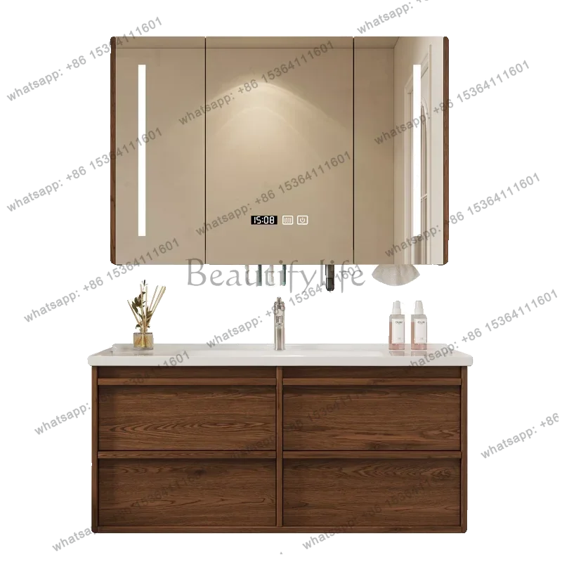 

Household ceramic integrated basin bathroom cabinet, rubber wood paint-free medium antique walnut bathroom cabinet