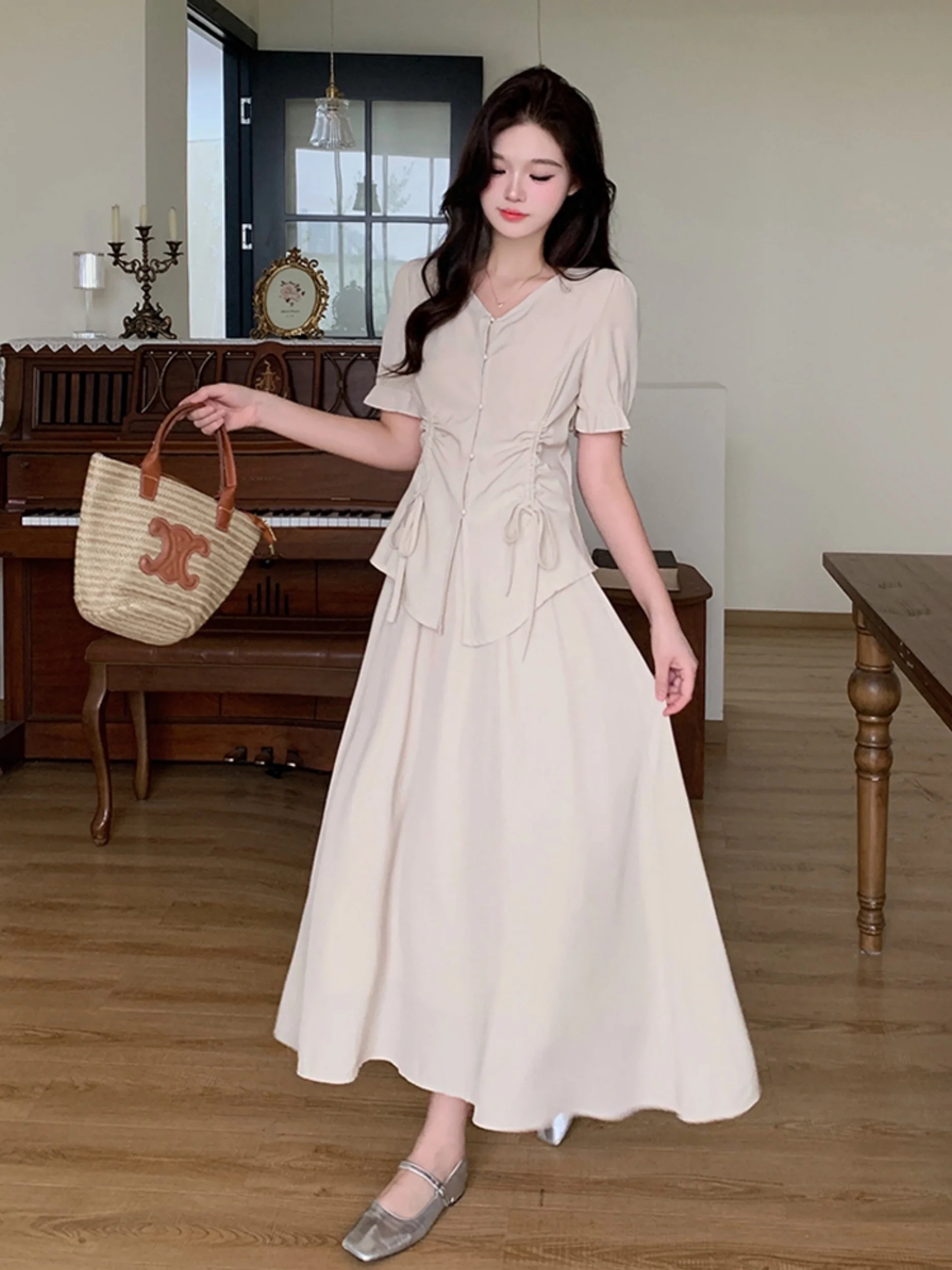 

plus Size Women's Fashion Summer High Waist A-Line Skirt with Drawstring V-Neck Short Sleeve Casual Comfortable Korean Style