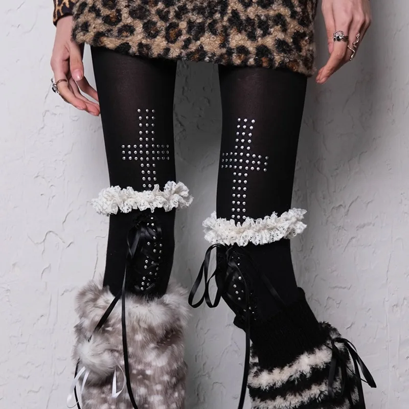 

Vintage 2000s Rhinestone Cross Tights Pants Spicy Girls Black Aesthetics Hip-hop Street Casual Women Y2K Style Cosplay Pantyhose