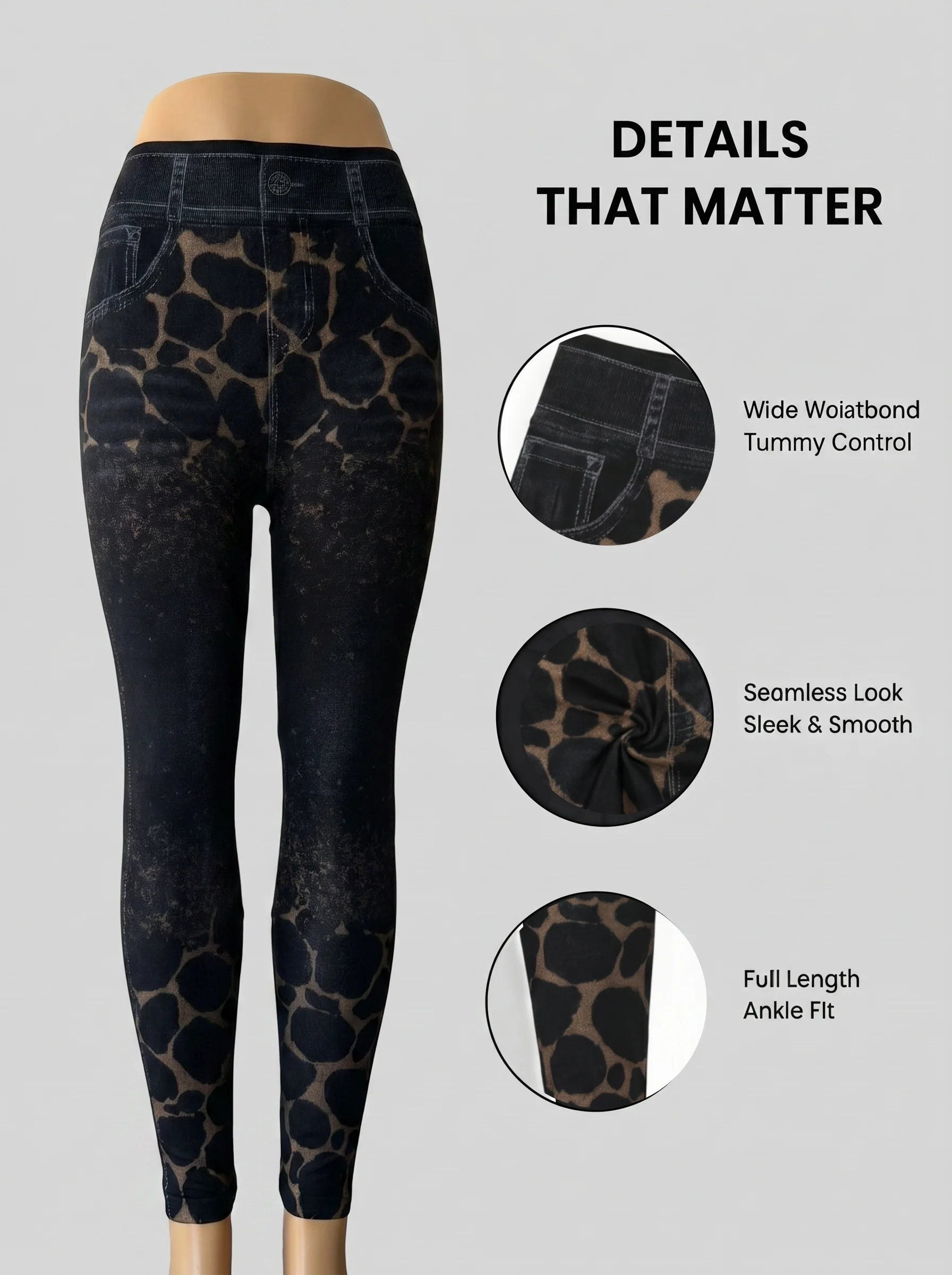 Damen Schwarze Vintage Leopardenmuster Faux-Denim Knöchellange Leggings Kühne Hochelastische Hosen für Dates Urlaub Streetwear – Detail 4