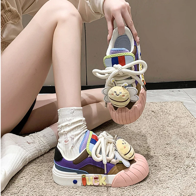 Girlish Style Women Board Shoes Candy Color 2023Autumn New Sports Shoes Cartoon Cute Ugly Sneakers Lace Up Zapatillas De Deporte