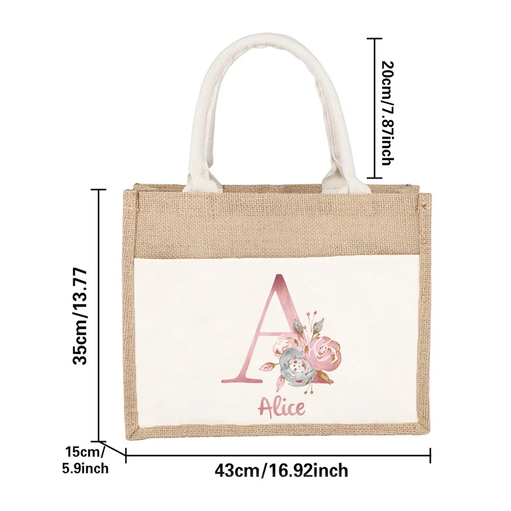 Customizable Name Hemp Cloth Handbag Linen Shoulder Bag Women's Shopping Bag Grocery Shopping Bag Pink Letter Pattern