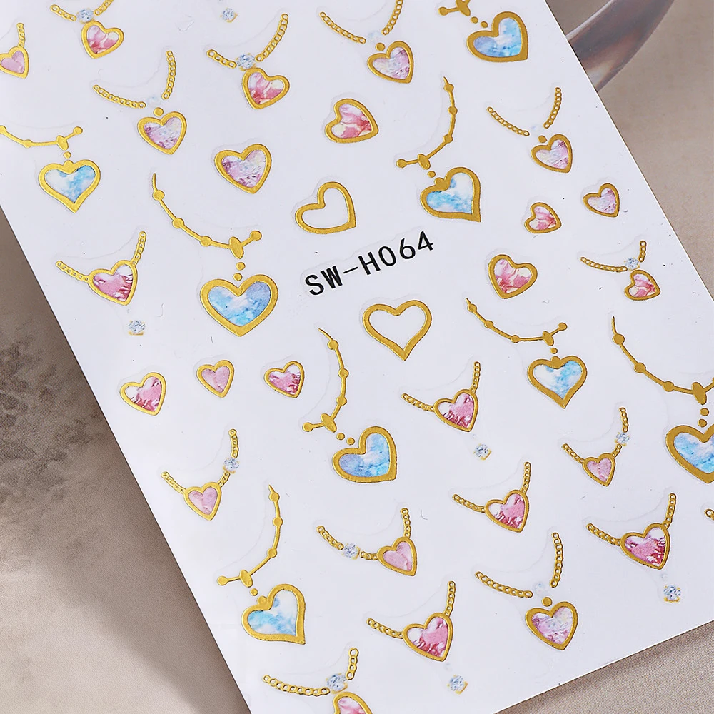 1Pc 3D Hanging Love Heart Nail Art Stickers Gold Line Heart Self-adhesive Nail Slider Valentine's Day Manicure Decoration