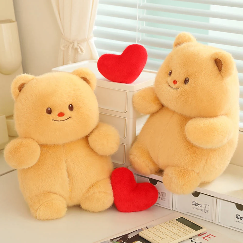 40cm Butter Bear Teddy Bear Stuffed Toys With Small Black Eyes With Red Nose Smiling Mouth Holding Love Hearts Kawaii Plush Toys