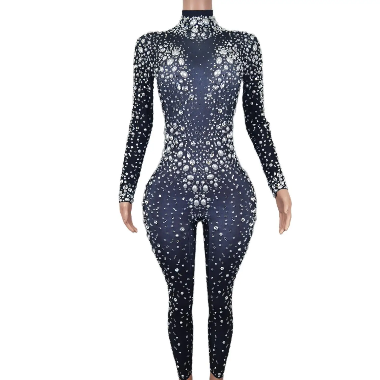 

Shiny Long Sleeve See Through Mesh Party Romper Dancer Festival Outfit Skinny One Piece Bodysuit Women Sexy Rhinestone Jumpsuit