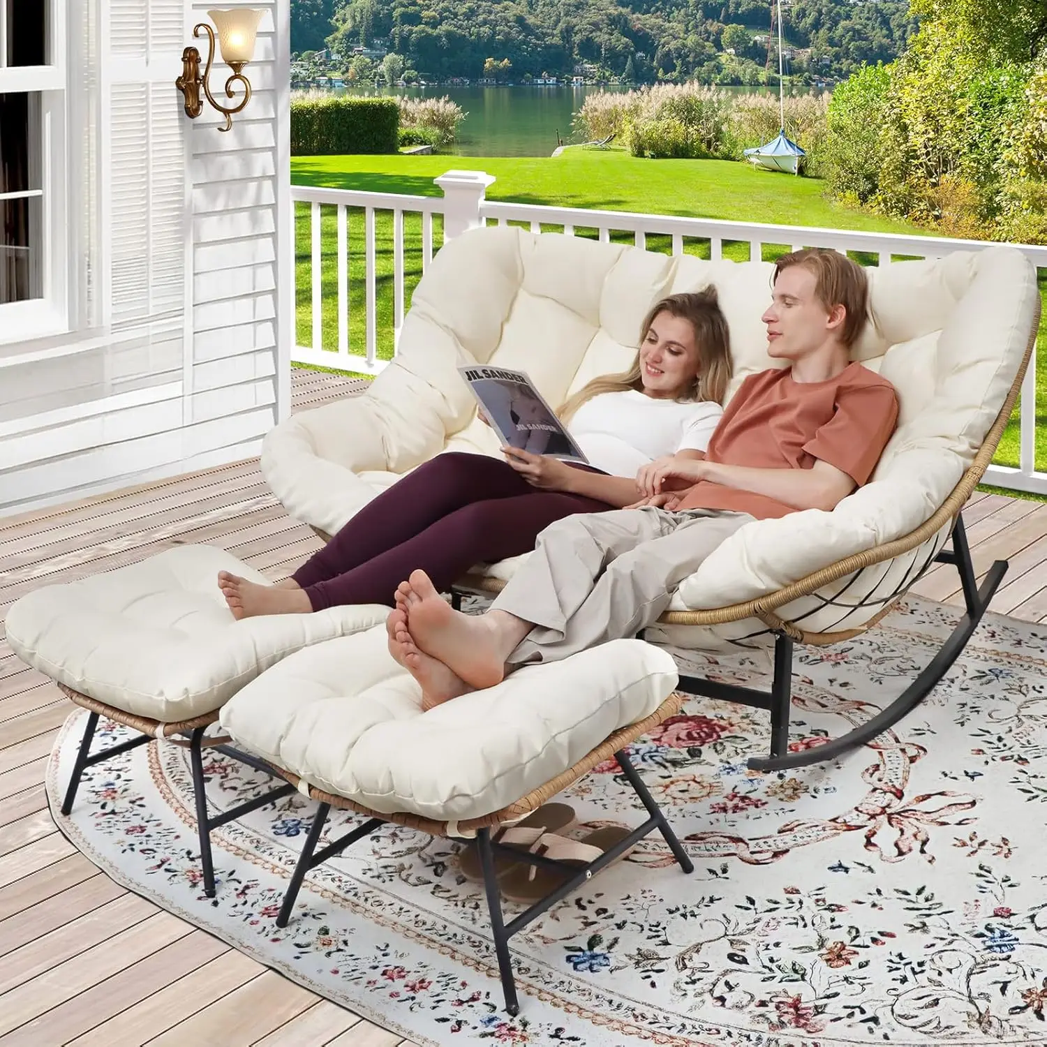 

700 Lbs Heavy Duty Double Egg Rocking Chair w/Ottomans, 2-Person Indoor Outdoor Rocker Loveseat (Beige)