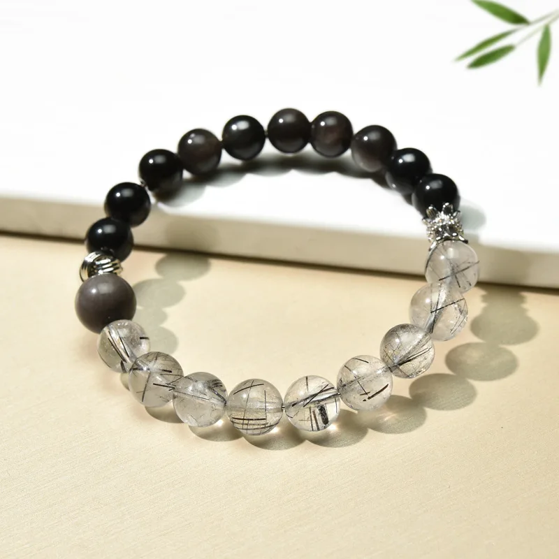 Obsidian silver obsidian beaded couples bracelet with high-level sense oforiginal black hair crystal strings wholesale jewellery