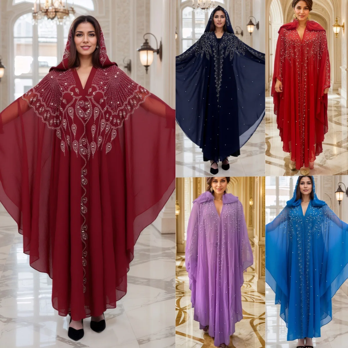 

Middle East & Africa Hot Sale-Embellished Robe with Rhinestones and Shawl Cape Prayer Dress with Batwing Sleeves Dress
