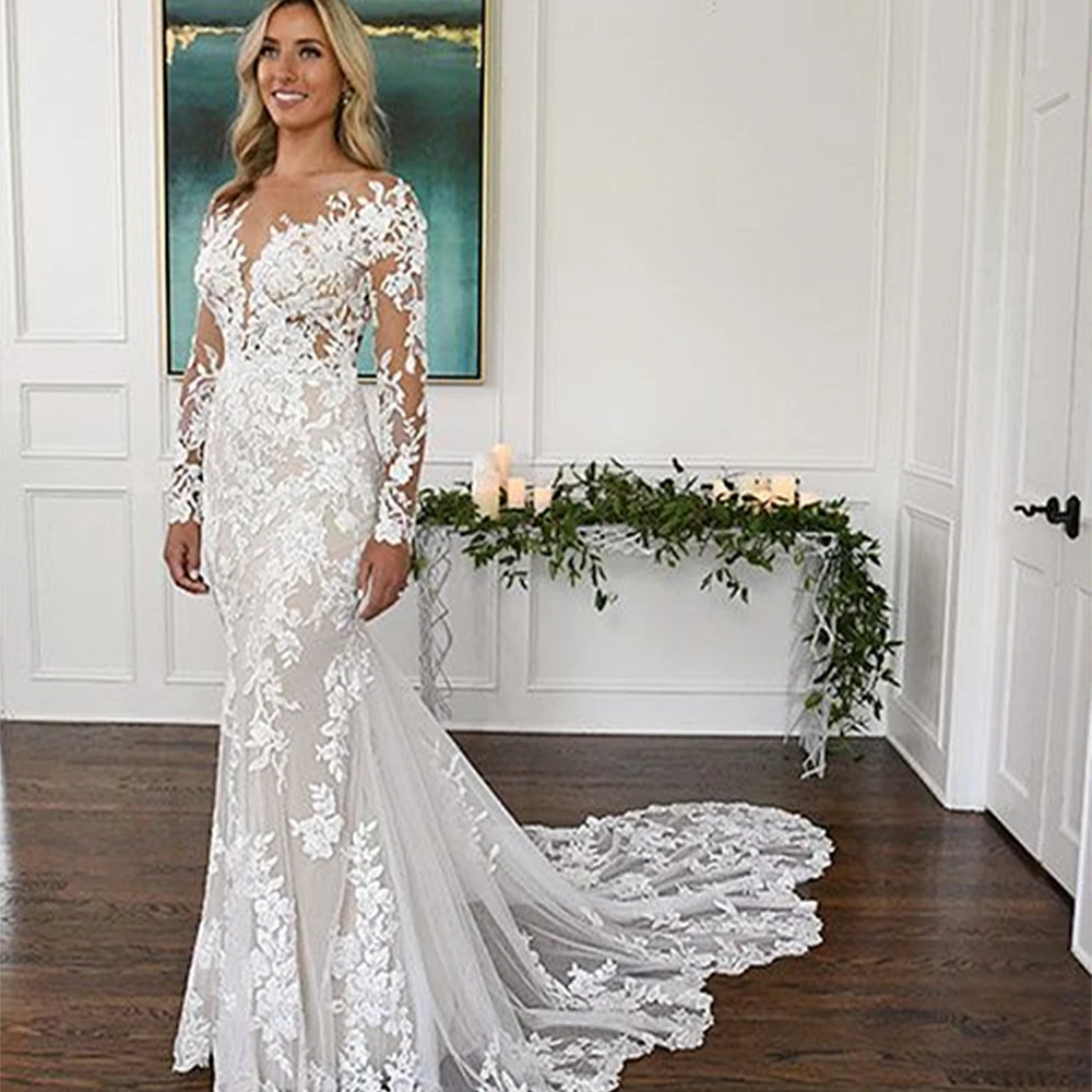 Long Train Lace Appliqued Mermaid Wedding Dresses Full Sleeves Sheer Neck Backless Sexy Bohemian Beach Bridal Gowns 2023 Summer