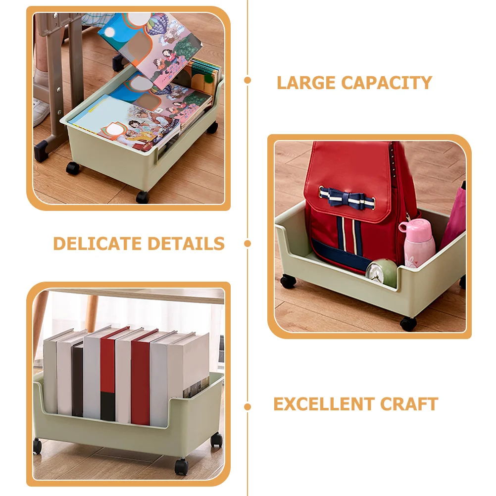 Movable Student Classroom Book Box with Pulleys Bookcase Storage Container Wheels Sundries Plastic Bin Holder