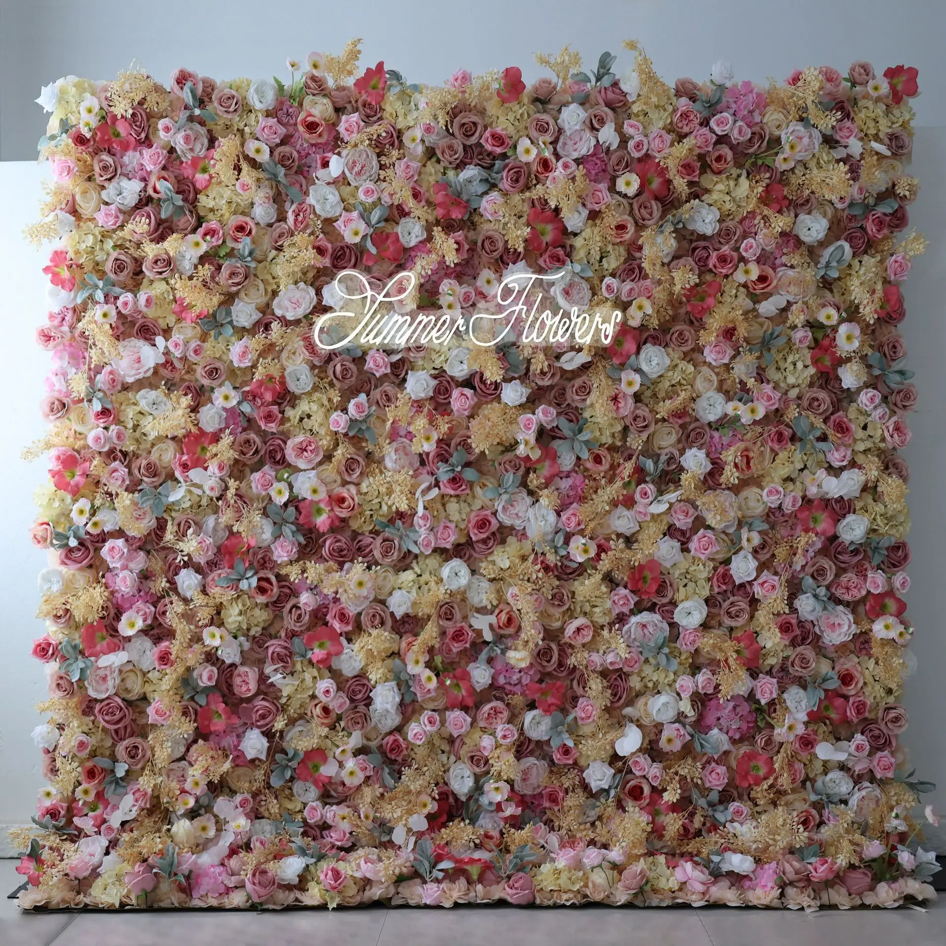 Colorful rose daisies Hydrangea gold rolls 3D artificial fabric mixed flower wall outdoor wedding decoration event background